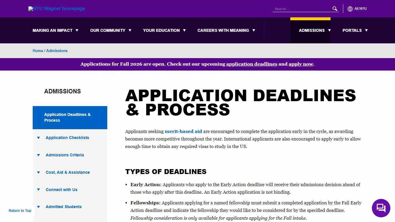 Application Deadlines & Process NYU Wagner